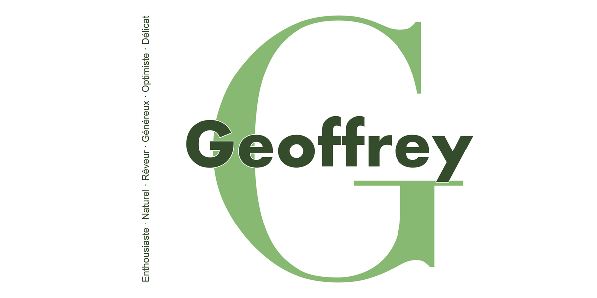 Visuel à plat du mug prénom Geoffrey : initiale G pleine hauteur, prénom Geoffrey centré et ligne verticale « Enthousiaste · Naturel · Rêveur · Généreux · Optimiste · Délicat »
