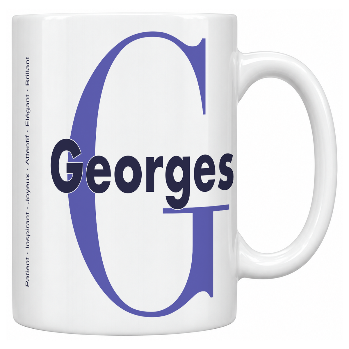 Mug blanc céramique 330 ml prénom Georges : grande initiale G, prénom Georges en lettres bold et six qualités verticales sur le côté