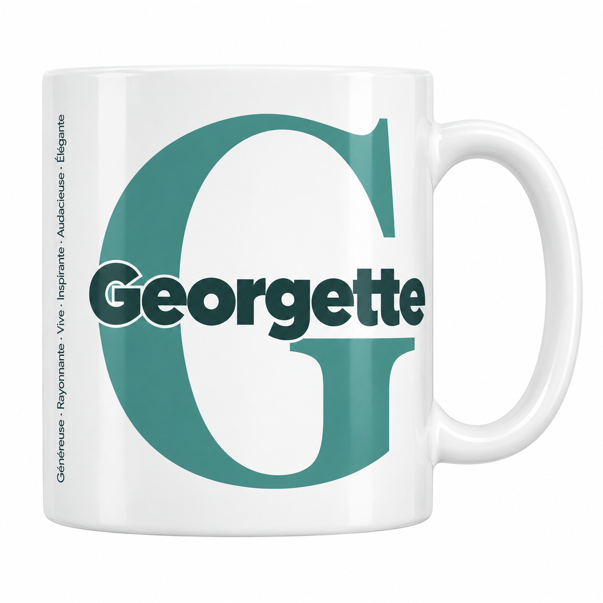 Mug blanc céramique 330 ml prénom Georgette : grande initiale G, prénom Georgette en lettres bold et six qualités verticales sur le côté