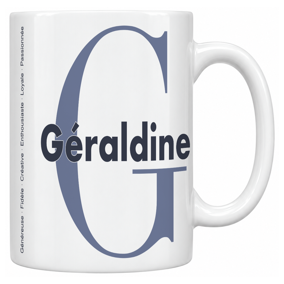 Mug blanc céramique 330 ml prénom Géraldine : grande initiale G, prénom Géraldine en lettres bold et six qualités verticales sur le côté