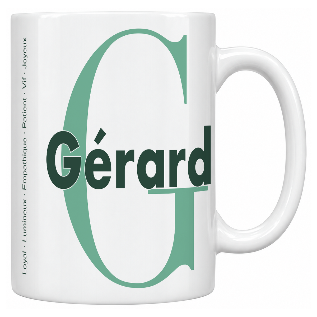 Mug blanc céramique 330 ml prénom Gérard : grande initiale G, prénom Gérard en lettres bold et six qualités verticales sur le côté