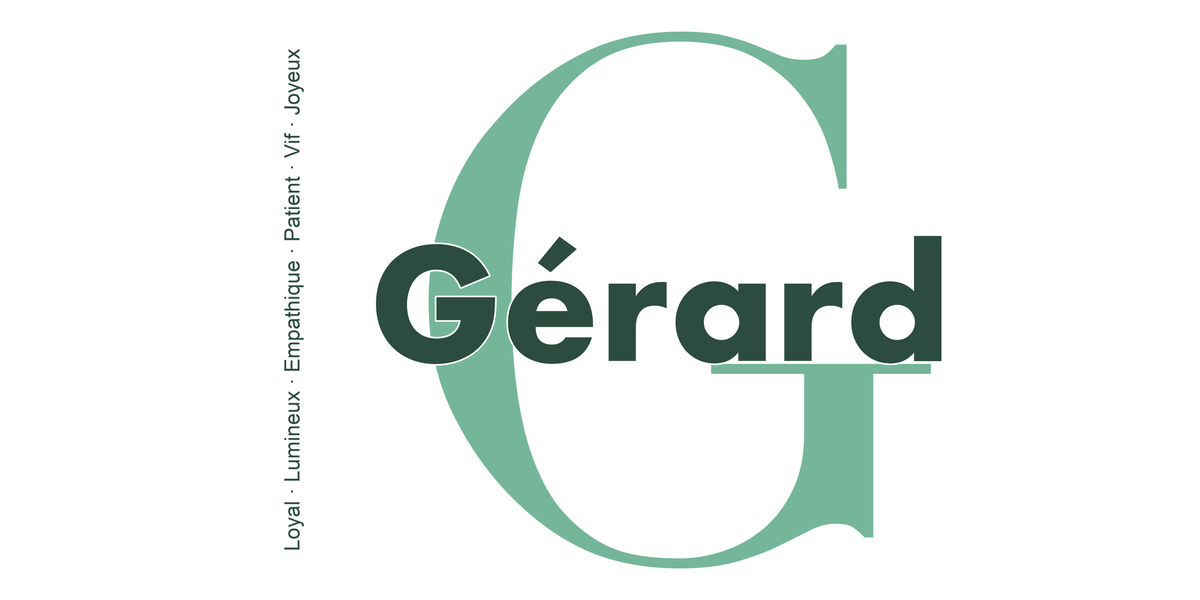 Visuel à plat du mug prénom Gérard : initiale G pleine hauteur, prénom Gérard centré et ligne verticale « Loyal · Lumineux · Empathique · Patient · Vif · Joyeux »