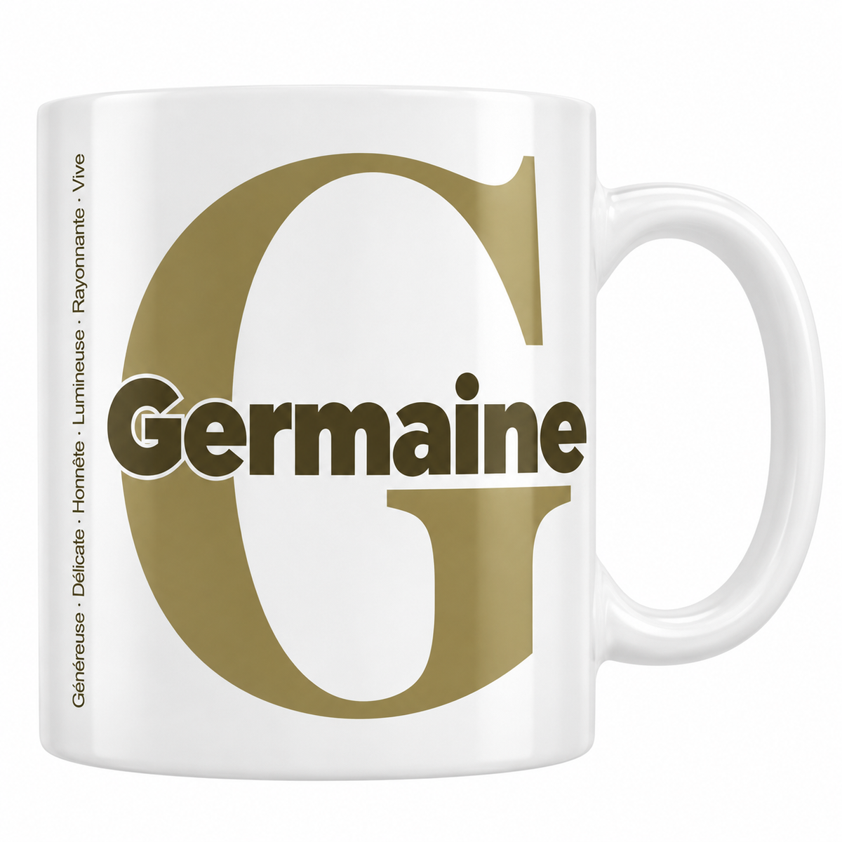 Mug blanc céramique 330 ml prénom Germaine : grande initiale G, prénom Germaine en lettres bold et six qualités verticales sur le côté