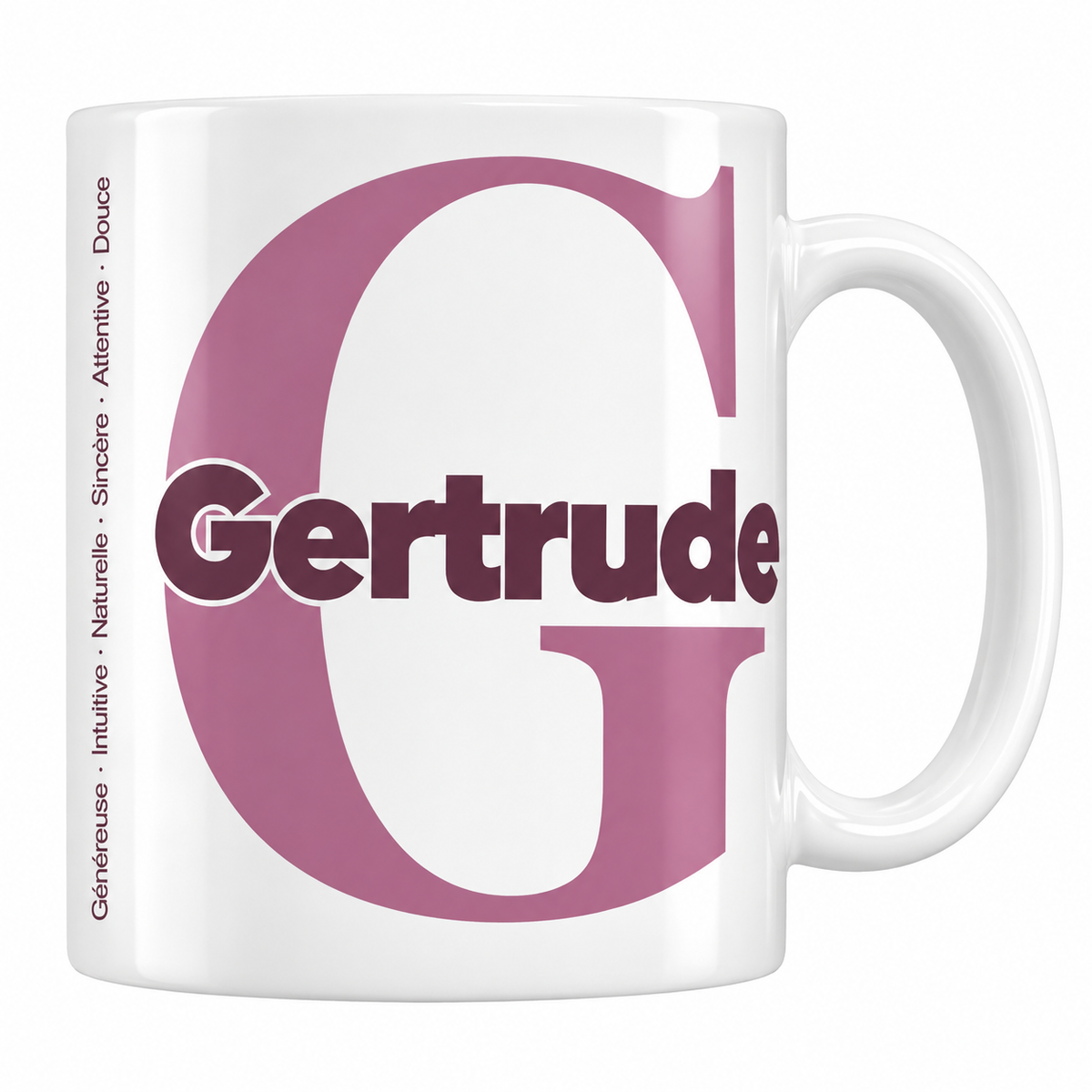 Mug blanc céramique 330 ml prénom Gertrude : grande initiale G, prénom Gertrude en lettres bold et six qualités verticales sur le côté