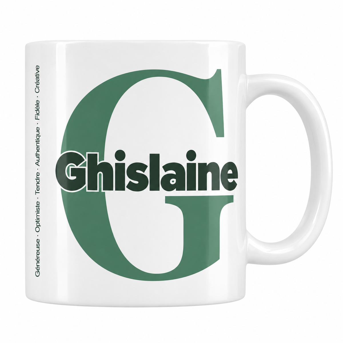 Mug blanc céramique 330 ml prénom Ghislaine : grande initiale G, prénom Ghislaine en lettres bold et six qualités verticales sur le côté