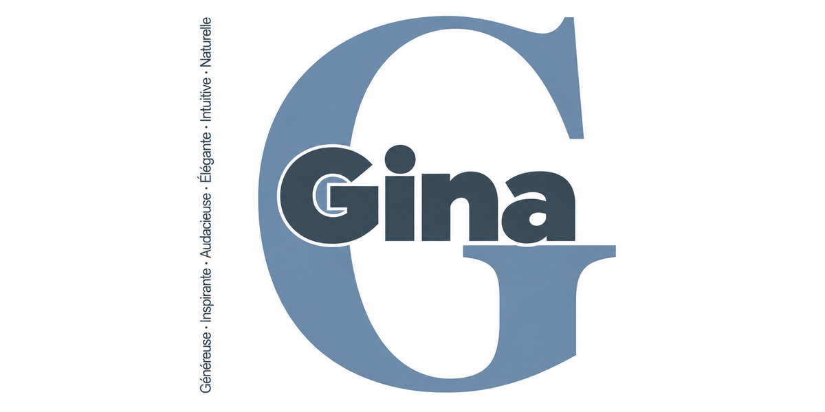 Visuel à plat du mug prénom Gina : initiale G pleine hauteur, prénom Gina centré et ligne verticale « Généreuse · Inspirante · Audacieuse · Élégante · Intuitive · Naturelle »