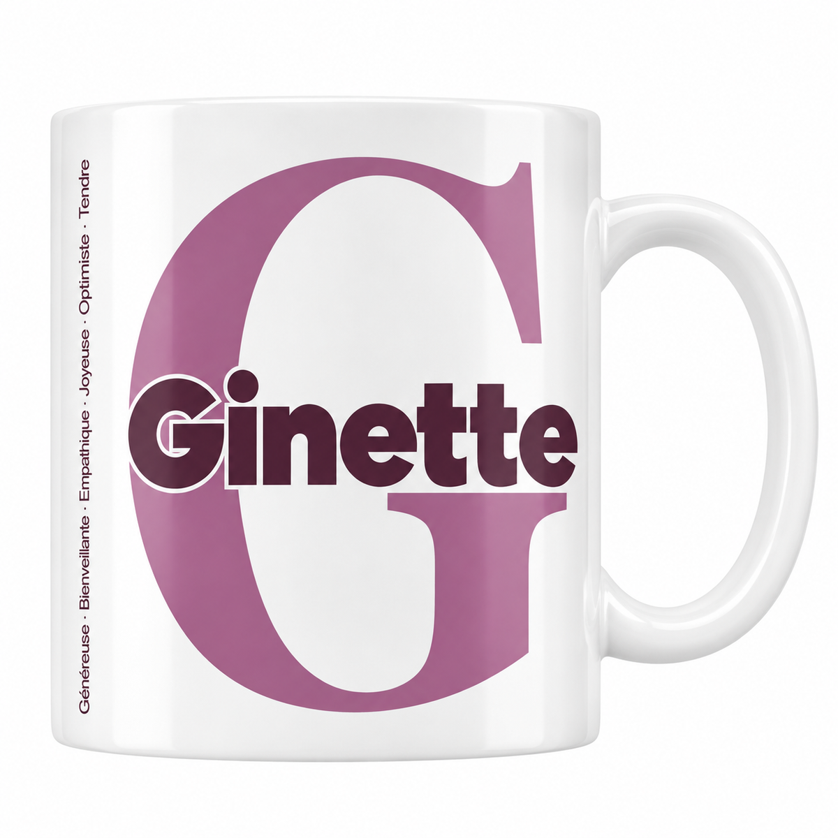 Mug blanc céramique 330 ml prénom Ginette : grande initiale G, prénom Ginette en lettres bold et six qualités verticales sur le côté
