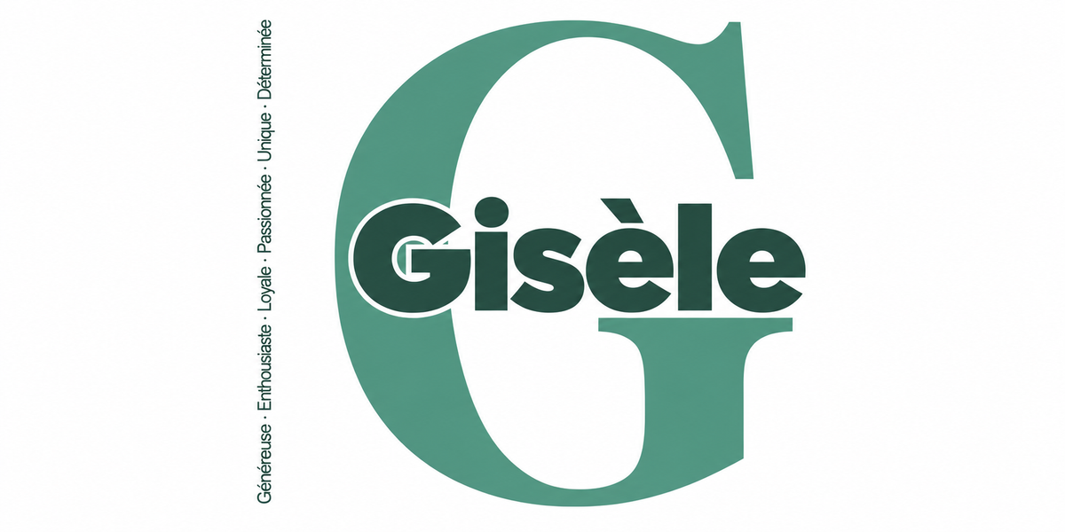 Visuel à plat du mug prénom Gisèle : initiale G pleine hauteur, prénom Gisèle centré et ligne verticale « Généreuse · Enthousiaste · Loyale · Passionnée · Unique · Déterminée »