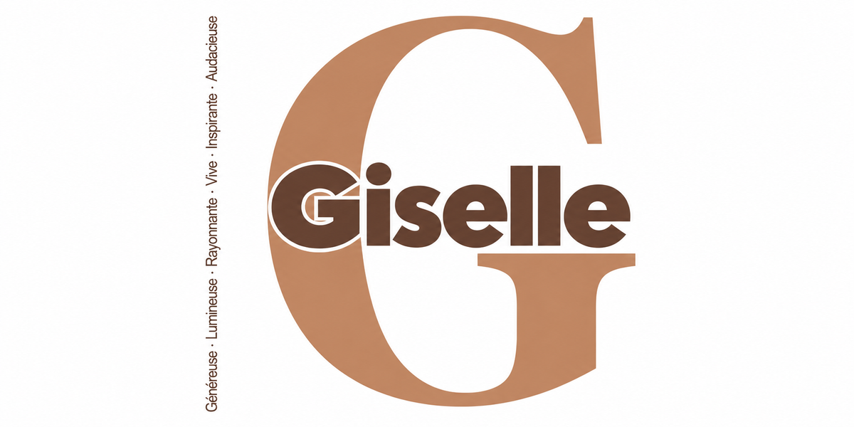 Visuel à plat du mug prénom Giselle : initiale G pleine hauteur, prénom Giselle centré et ligne verticale « Généreuse · Lumineuse · Rayonnante · Vive · Inspirante · Audacieuse »