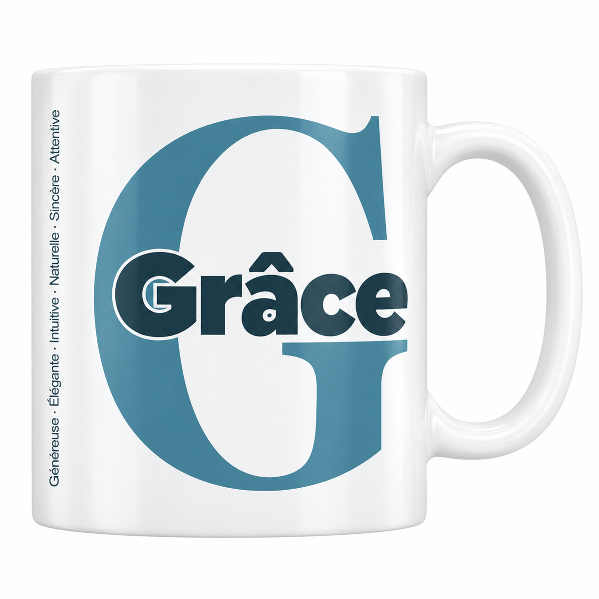 Mug blanc céramique 330 ml prénom Grâce : grande initiale G, prénom Grâce en lettres bold et six qualités verticales sur le côté