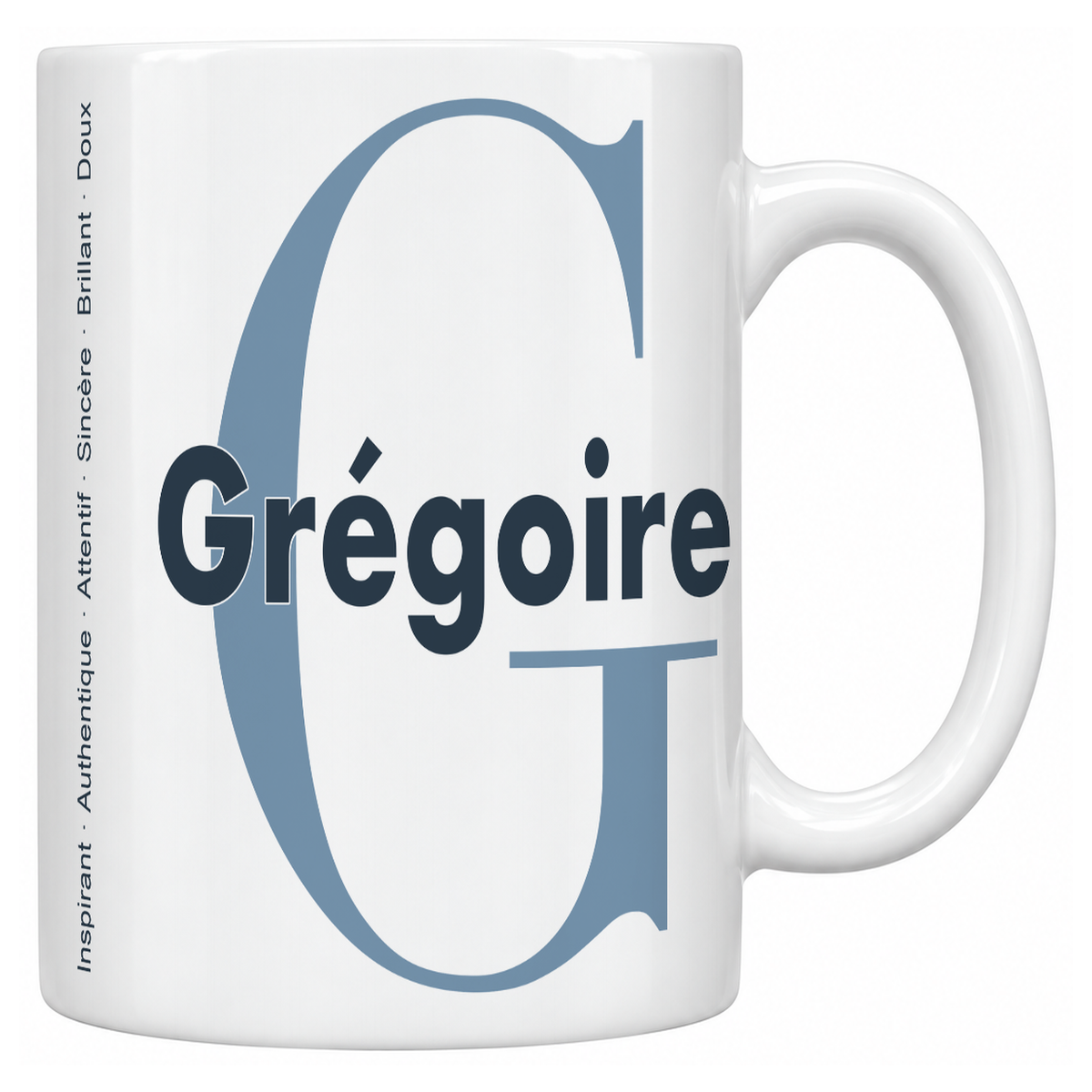 Mug blanc céramique 330 ml prénom Grégoire : grande initiale G, prénom Grégoire en lettres bold et six qualités verticales sur le côté