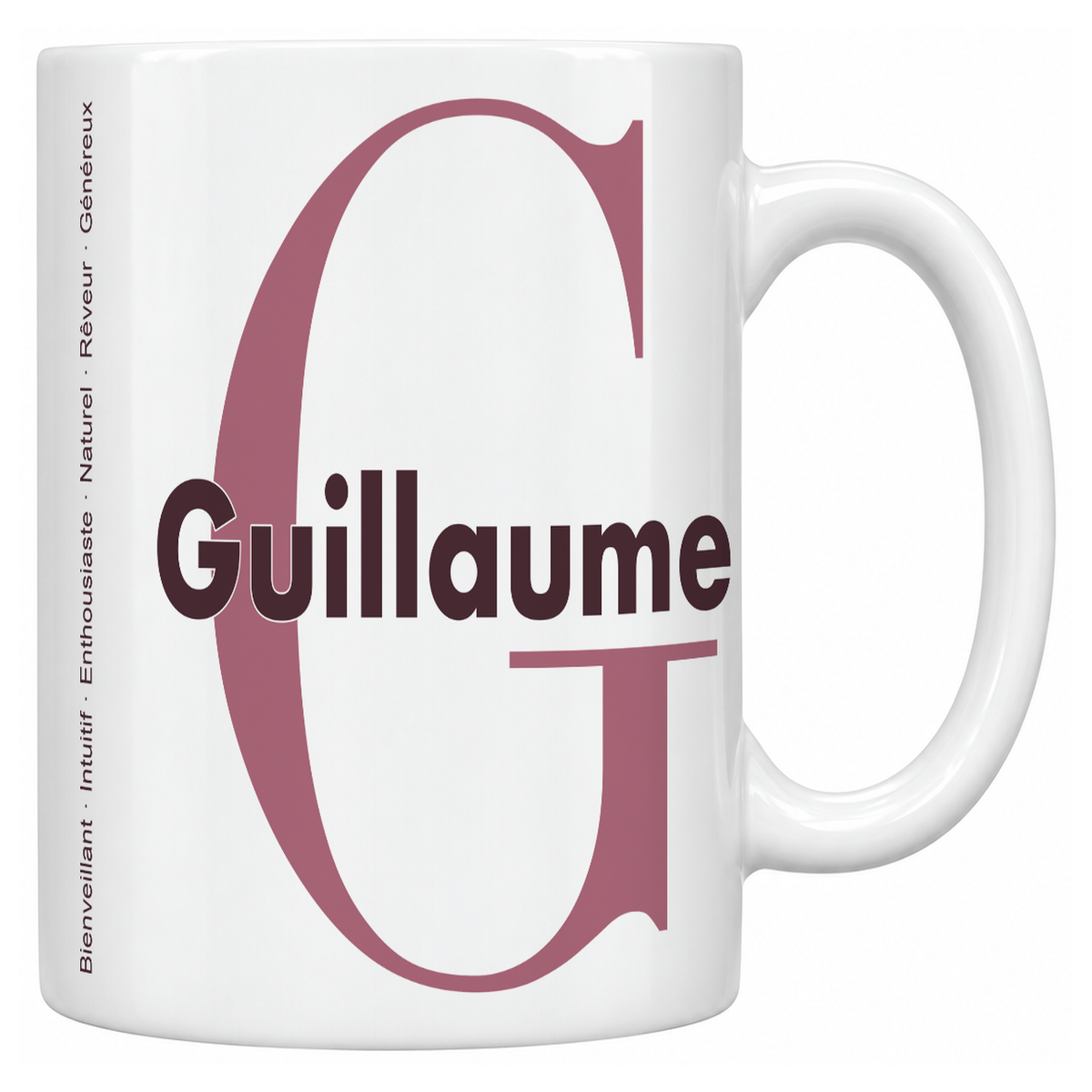 Mug blanc céramique 330 ml prénom Guillaume : grande initiale G, prénom Guillaume en lettres bold et six qualités verticales sur le côté