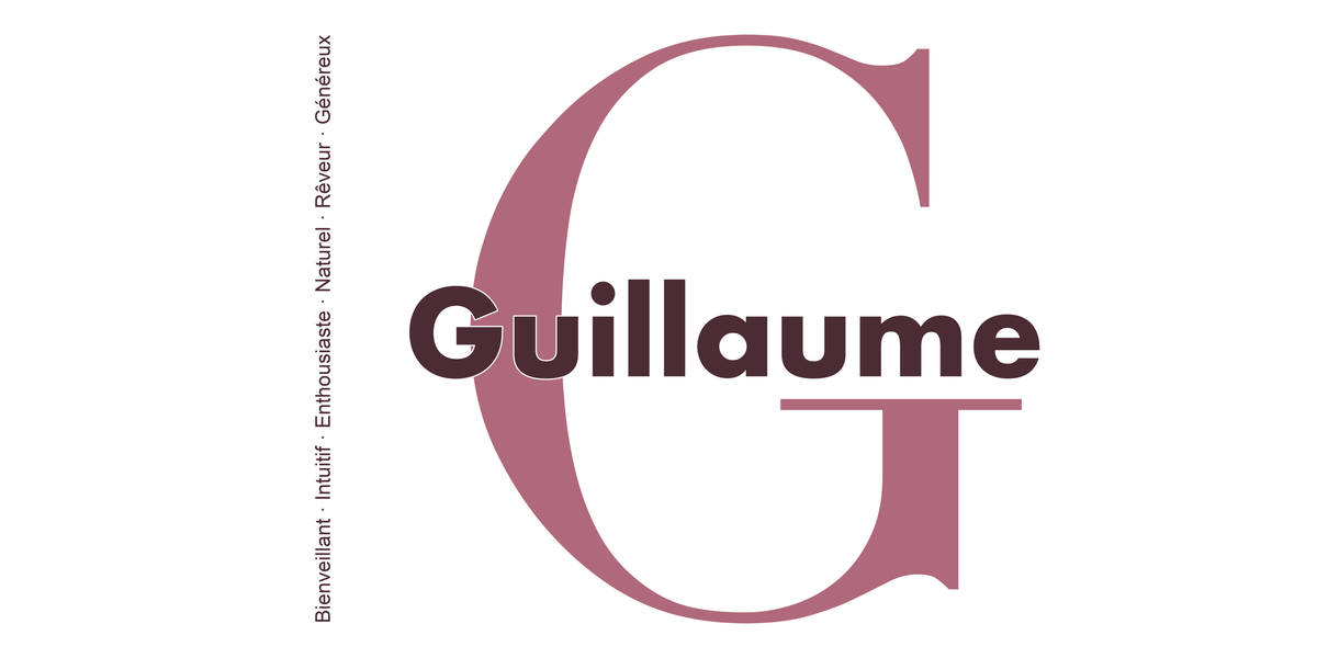 Visuel à plat du mug prénom Guillaume : initiale G pleine hauteur, prénom Guillaume centré et ligne verticale « Bienveillant · Intuitif · Enthousiaste · Naturel · Rêveur · Généreux »