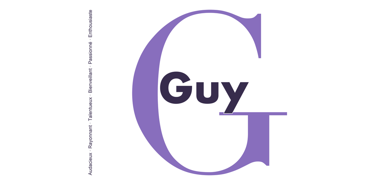 Visuel à plat du mug prénom Guy : initiale G pleine hauteur, prénom Guy centré et ligne verticale « Audacieux · Rayonnant · Talentueux · Bienveillant · Passionné · Enthousiaste »