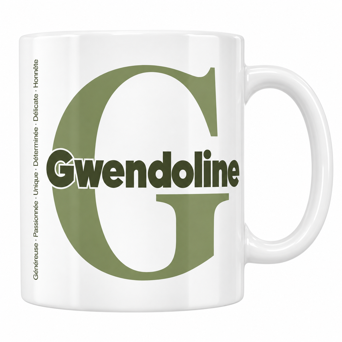Mug blanc céramique 330 ml prénom Gwendoline : grande initiale G, prénom Gwendoline en lettres bold et six qualités verticales sur le côté