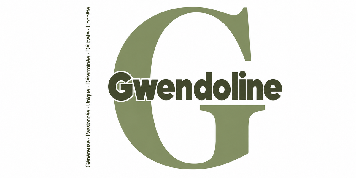 Visuel à plat du mug prénom Gwendoline : initiale G pleine hauteur, prénom Gwendoline centré et ligne verticale « Généreuse · Passionnée · Unique · Déterminée · Délicate · Honnête »