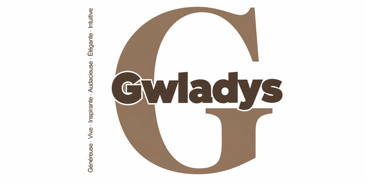 Visuel à plat du mug prénom Gwladys : initiale G pleine hauteur, prénom Gwladys centré et ligne verticale « Généreuse · Vive · Inspirante · Audacieuse · Élégante · Intuitive »