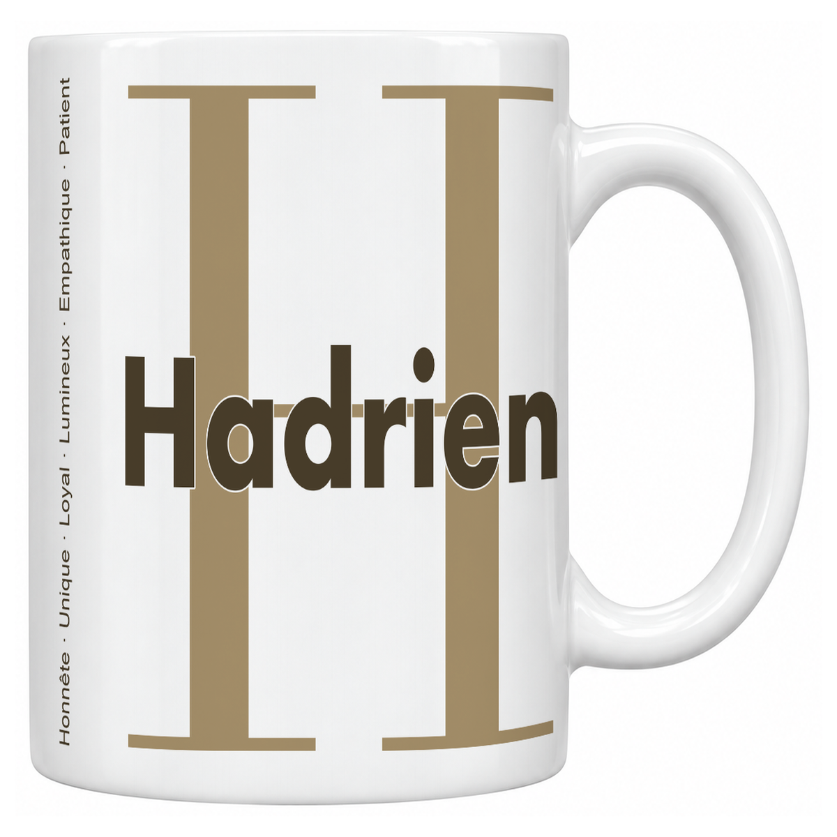 Mug blanc céramique 330 ml prénom Hadrien : grande initiale H, prénom Hadrien en lettres bold et six qualités verticales sur le côté