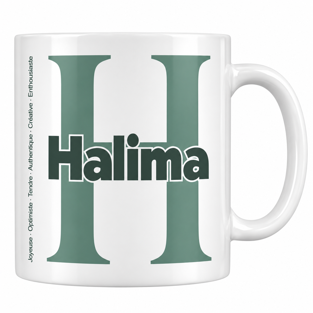 Mug blanc céramique 330 ml prénom Halima : grande initiale H, prénom Halima en lettres bold et six qualités verticales sur le côté