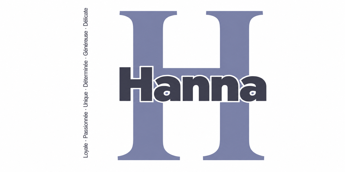 Visuel à plat du mug prénom Hanna : initiale H pleine hauteur, prénom Hanna centré et ligne verticale « Loyale · Passionnée · Unique · Déterminée · Généreuse · Délicate »