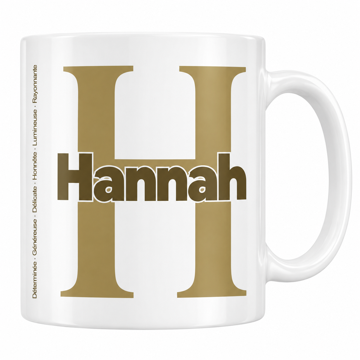 Mug blanc céramique 330 ml prénom Hannah : grande initiale H, prénom Hannah en lettres bold et six qualités verticales sur le côté
