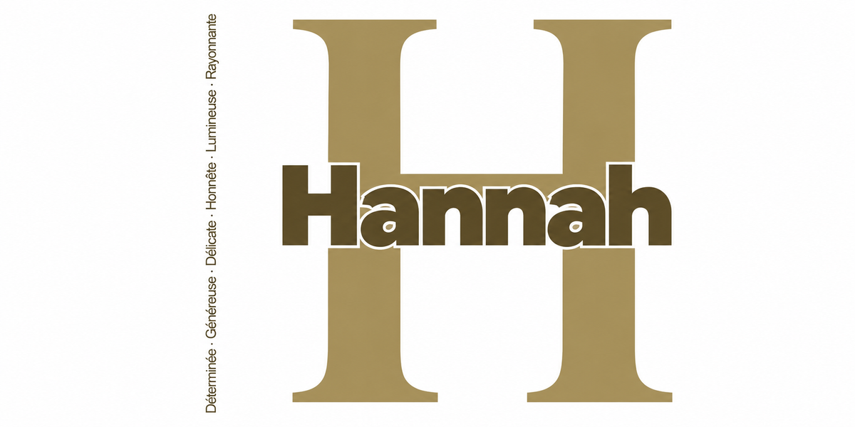 Visuel à plat du mug prénom Hannah : initiale H pleine hauteur, prénom Hannah centré et ligne verticale « Déterminée · Généreuse · Délicate · Honnête · Lumineuse · Rayonnante »