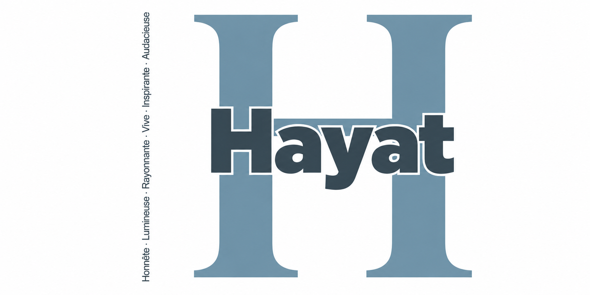 Visuel à plat du mug prénom Hayat : initiale H pleine hauteur, prénom Hayat centré et ligne verticale « Honnête · Lumineuse · Rayonnante · Vive · Inspirante · Audacieuse »