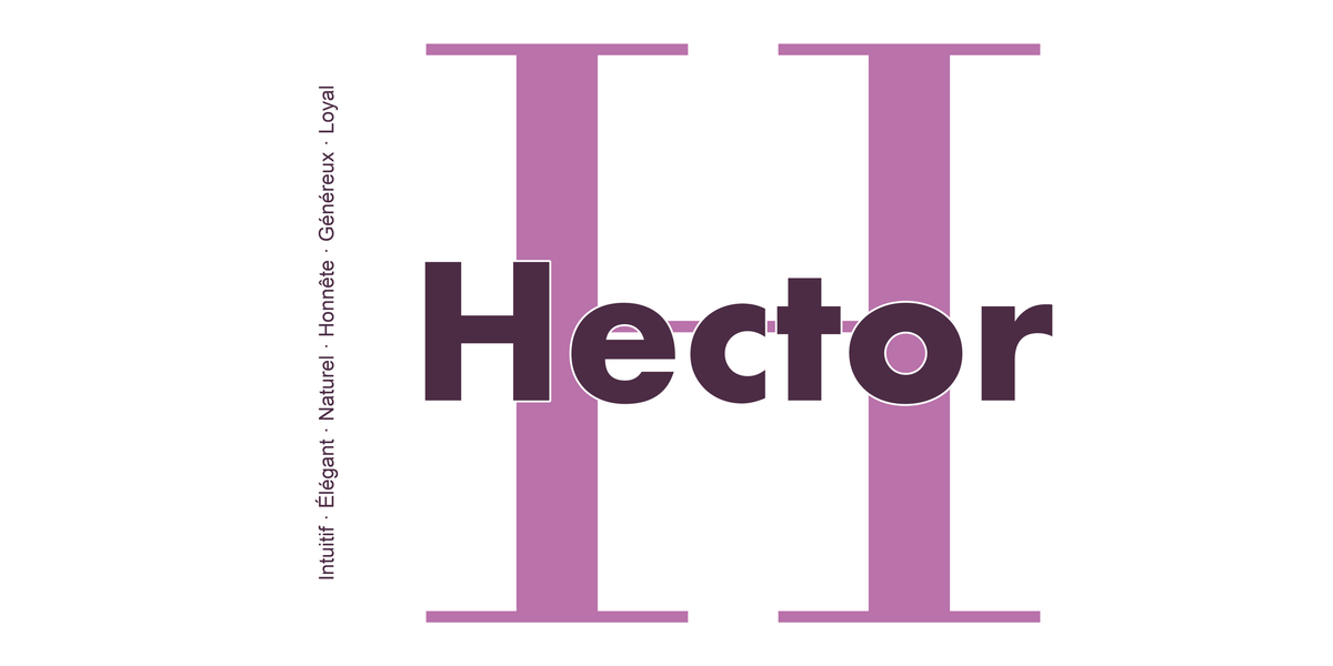 Visuel à plat du mug prénom Hector : initiale H pleine hauteur, prénom Hector centré et ligne verticale « Intuitif · Élégant · Naturel · Honnête · Généreux · Loyal »