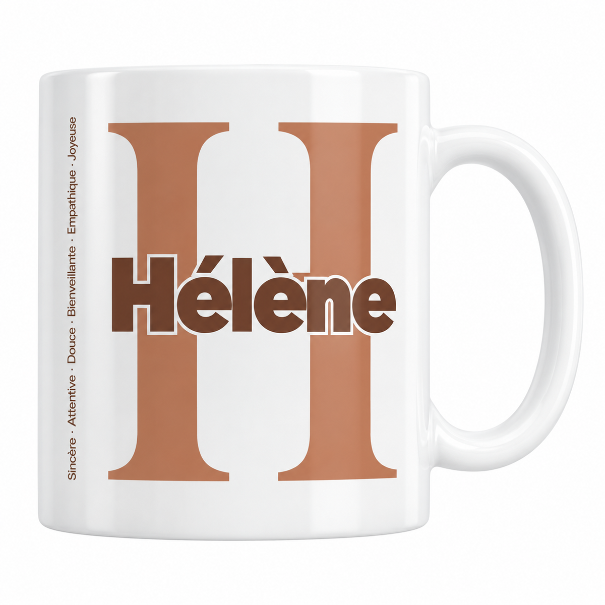 Mug blanc céramique 330 ml prénom Hélène : grande initiale H, prénom Hélène en lettres bold et six qualités verticales sur le côté