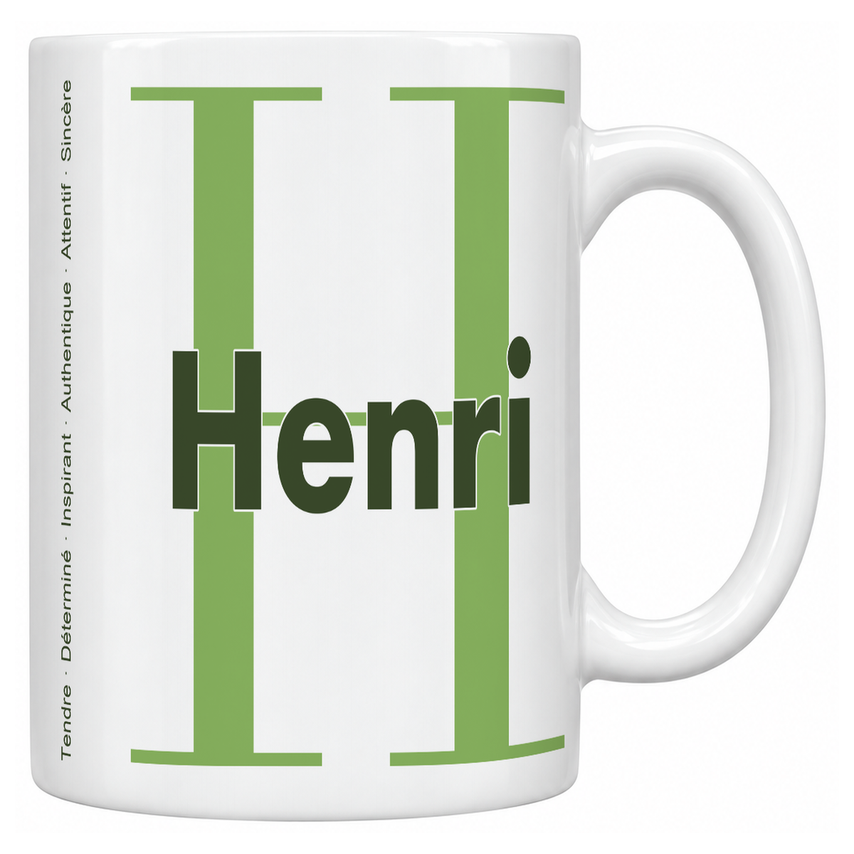 Mug blanc céramique 330 ml prénom Henri : grande initiale H, prénom Henri en lettres bold et six qualités verticales sur le côté