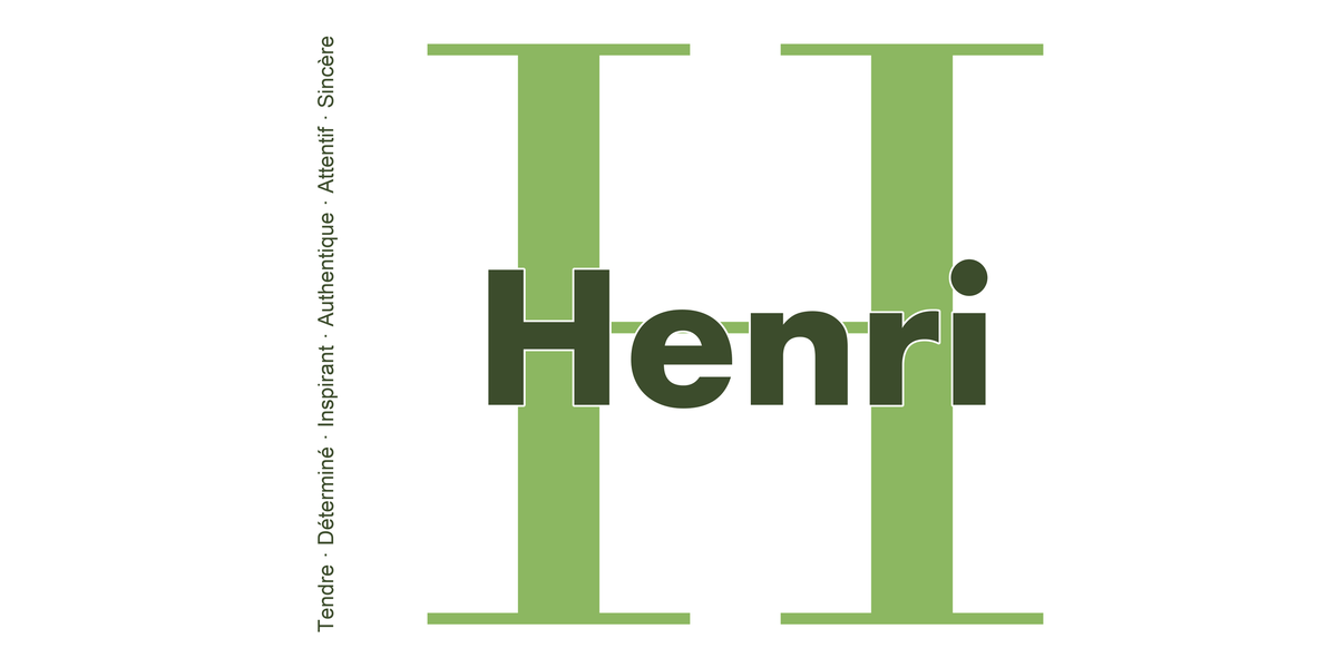 Visuel à plat du mug prénom Henri : initiale H pleine hauteur, prénom Henri centré et ligne verticale « Tendre · Déterminé · Inspirant · Authentique · Attentif · Sincère »