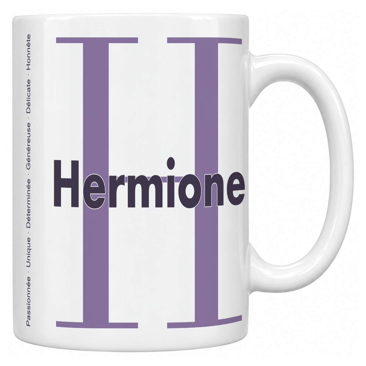 Mug blanc céramique 330 ml prénom Hermione : grande initiale H, prénom Hermione en lettres bold et six qualités verticales sur le côté