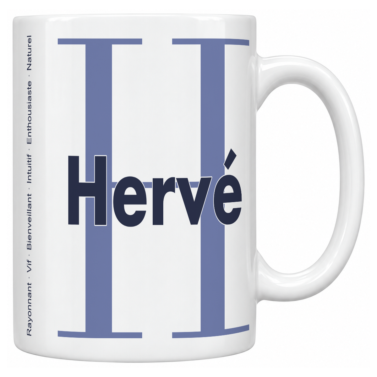 Mug blanc céramique 330 ml prénom Hervé : grande initiale H, prénom Hervé en lettres bold et six qualités verticales sur le côté