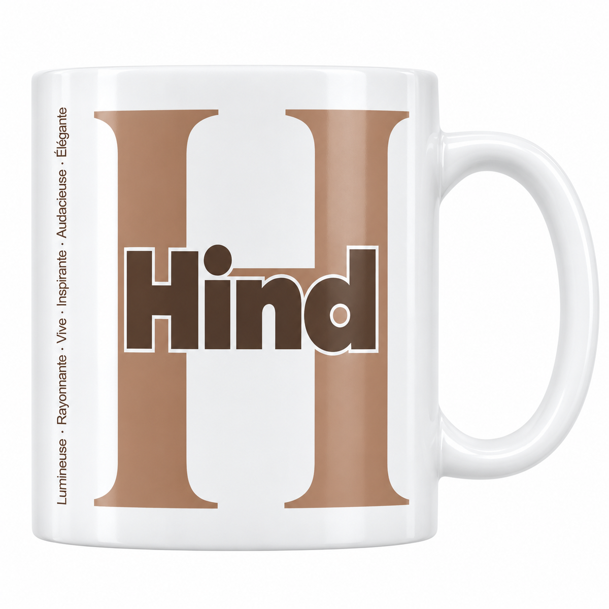 Mug blanc céramique 330 ml prénom Hind : grande initiale H, prénom Hind en lettres bold et six qualités verticales sur le côté