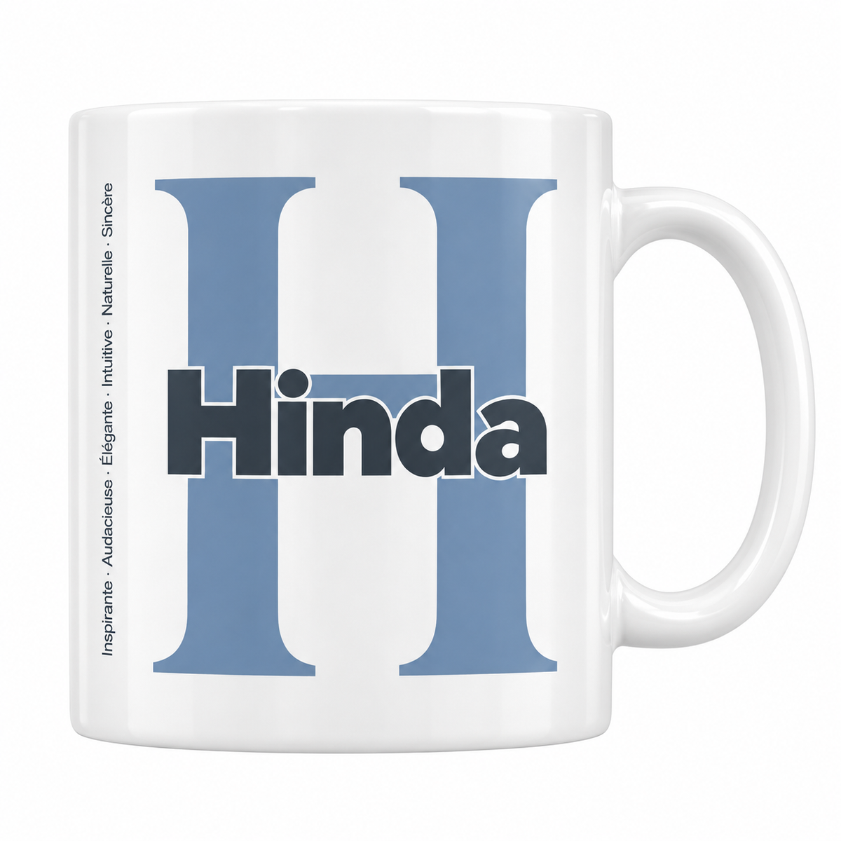 Mug blanc céramique 330 ml prénom Hinda : grande initiale H, prénom Hinda en lettres bold et six qualités verticales sur le côté