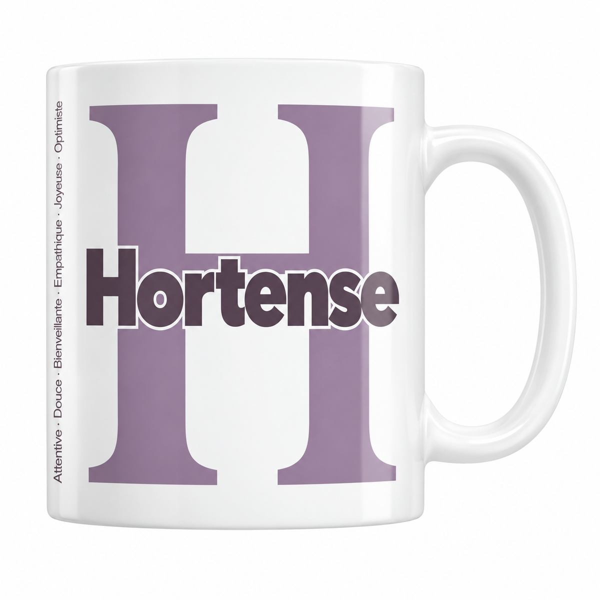 Mug blanc céramique 330 ml prénom Hortense : grande initiale H, prénom Hortense en lettres bold et six qualités verticales sur le côté