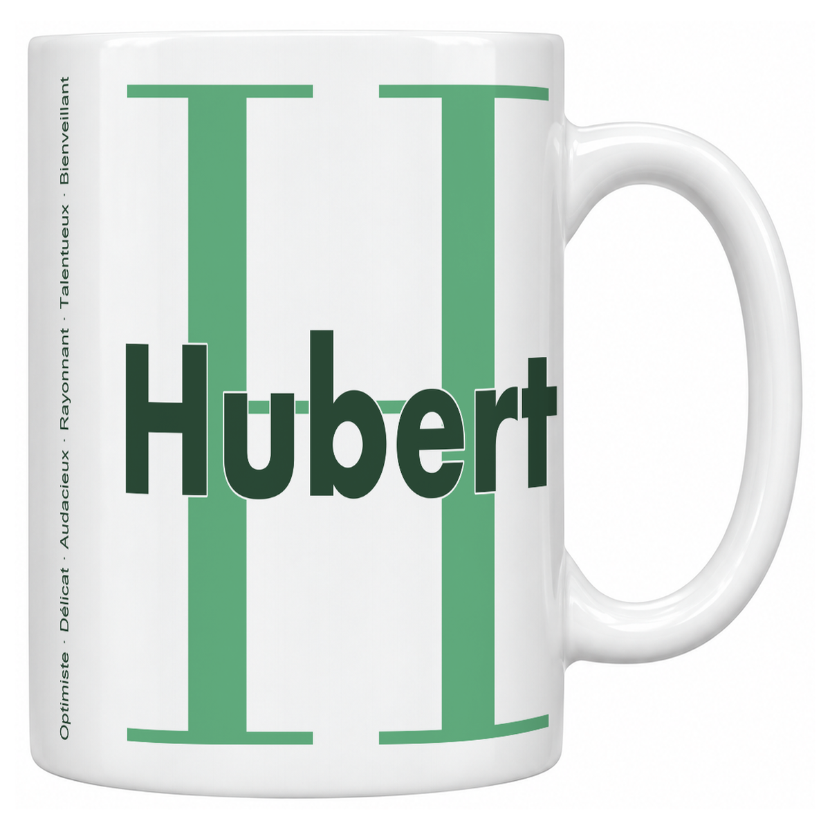Mug blanc céramique 330 ml prénom Hubert : grande initiale H, prénom Hubert en lettres bold et six qualités verticales sur le côté
