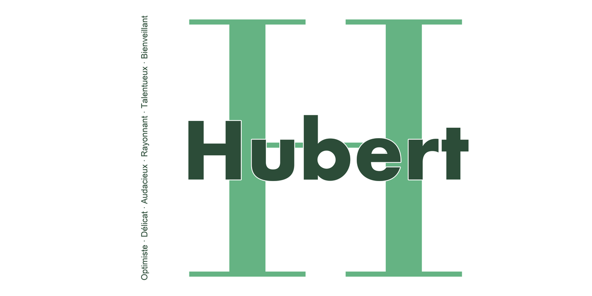 Visuel à plat du mug prénom Hubert : initiale H pleine hauteur, prénom Hubert centré et ligne verticale « Optimiste · Délicat · Audacieux · Rayonnant · Talentueux · Bienveillant »