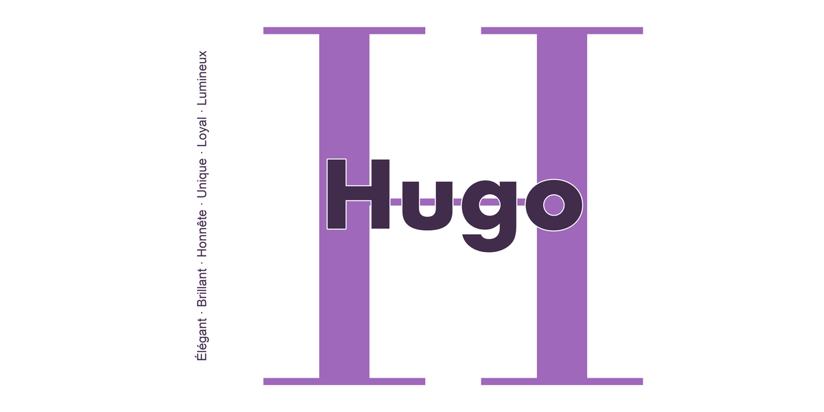 Visuel à plat du mug prénom Hugo : initiale H pleine hauteur, prénom Hugo centré et ligne verticale « Élégant · Brillant · Honnête · Unique · Loyal · Lumineux »