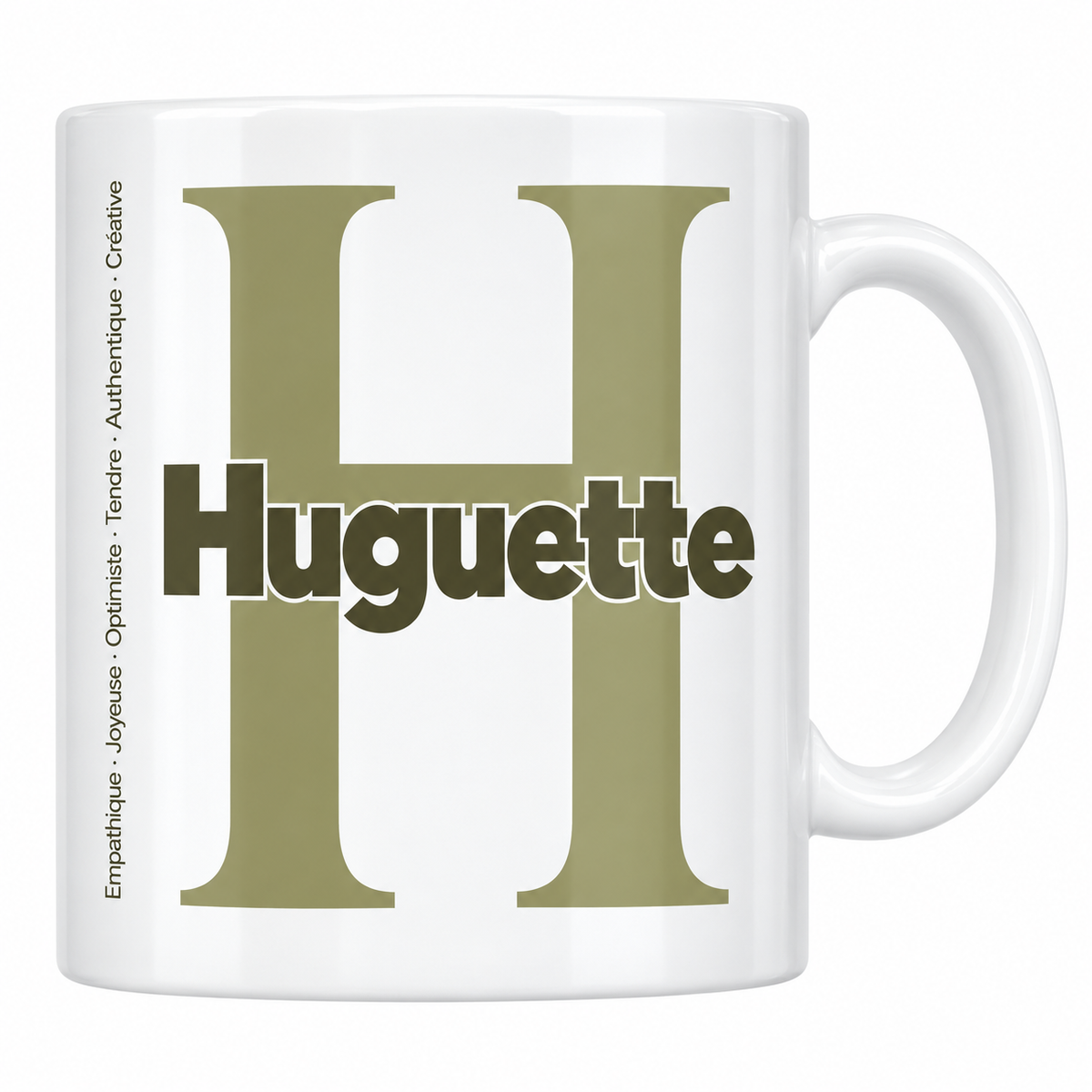 Mug blanc céramique 330 ml prénom Huguette : grande initiale H, prénom Huguette en lettres bold et six qualités verticales sur le côté
