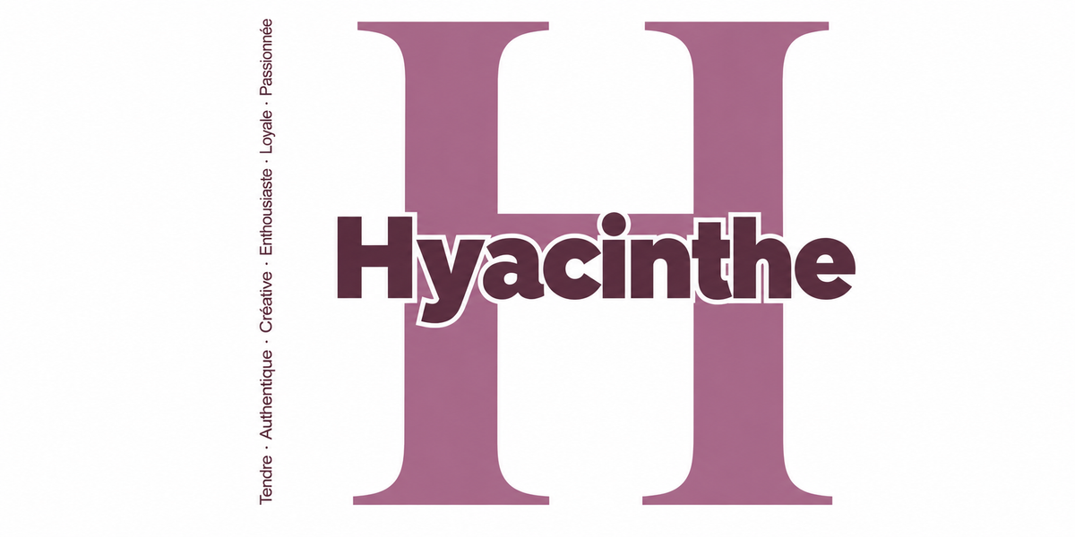 Visuel à plat du mug prénom Hyacinthe : initiale H pleine hauteur, prénom Hyacinthe centré et ligne verticale « Tendre · Authentique · Créative · Enthousiaste · Loyale · Passionnée »