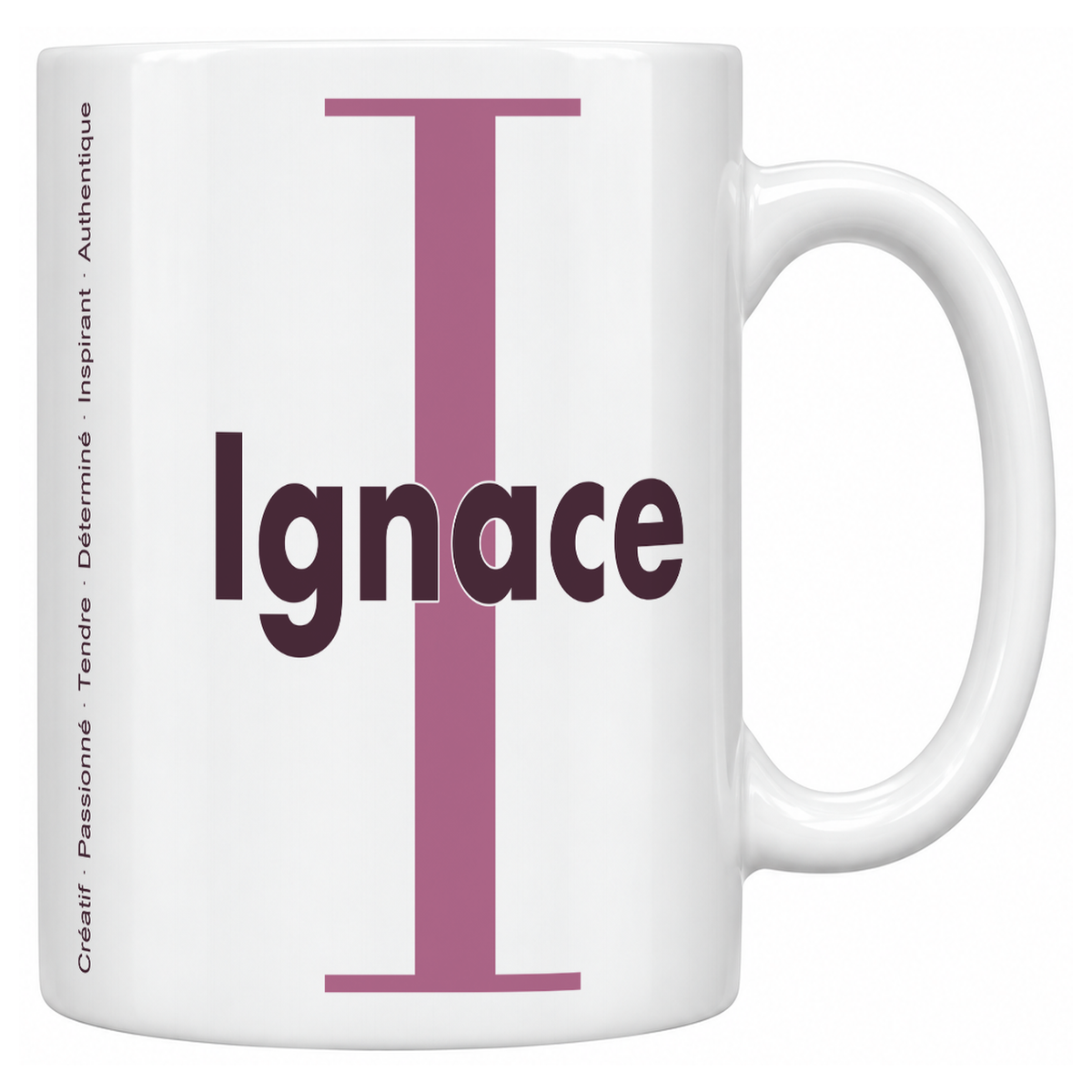 Mug blanc céramique 330 ml prénom Ignace : grande initiale I, prénom Ignace en lettres bold et six qualités verticales sur le côté