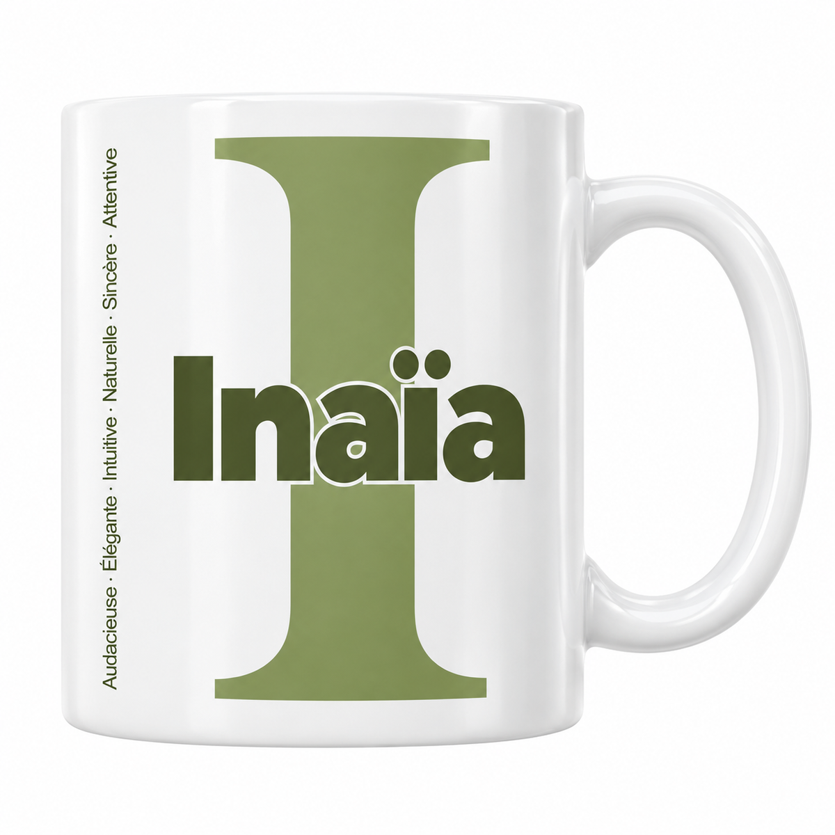 Mug blanc céramique 330 ml prénom Inaïa : grande initiale I, prénom Inaïa en lettres bold et six qualités verticales sur le côté