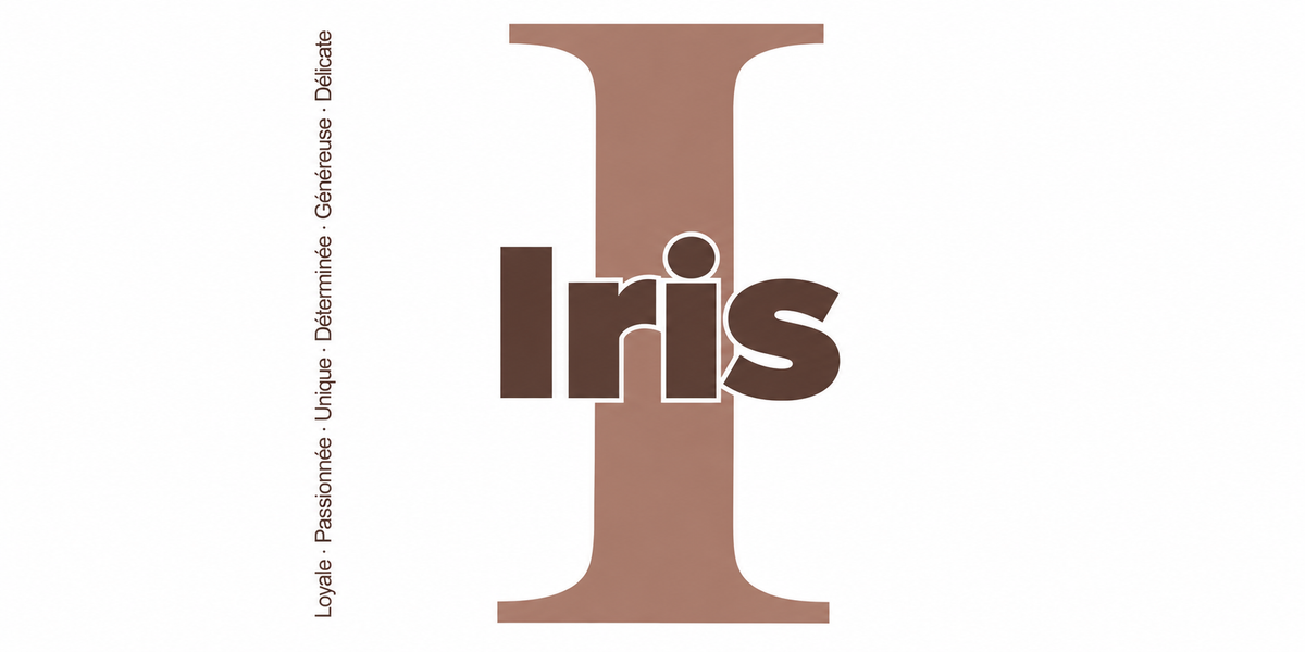 Visuel à plat du mug prénom Iris : initiale I pleine hauteur, prénom Iris centré et ligne verticale « Loyale · Passionnée · Unique · Déterminée · Généreuse · Délicate »