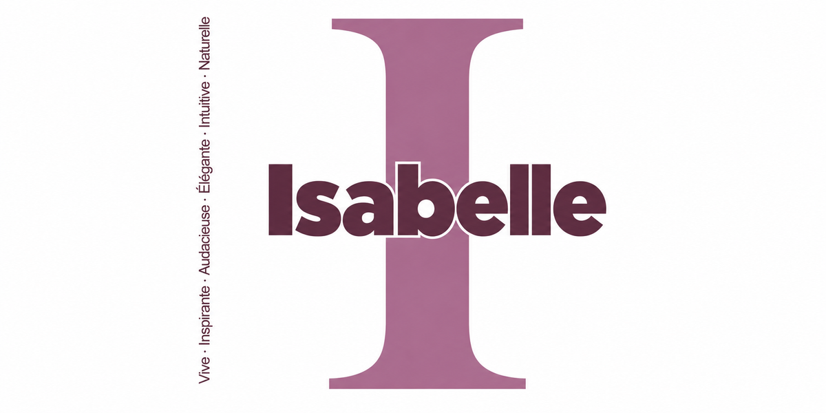 Visuel à plat du mug prénom Isabelle : initiale I pleine hauteur, prénom Isabelle centré et ligne verticale « Vive · Inspirante · Audacieuse · Élégante · Intuitive · Naturelle »