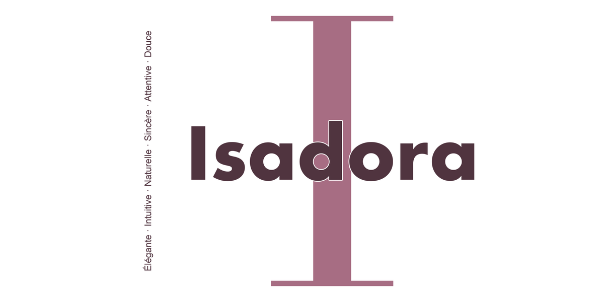 Visuel à plat du mug prénom Isadora : initiale I pleine hauteur, prénom Isadora centré et ligne verticale « Élégante · Intuitive · Naturelle · Sincère · Attentive · Douce »