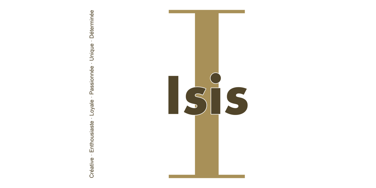 Visuel à plat du mug prénom Isis : initiale I pleine hauteur, prénom Isis centré et ligne verticale « Créative · Enthousiaste · Loyale · Passionnée · Unique · Déterminée »