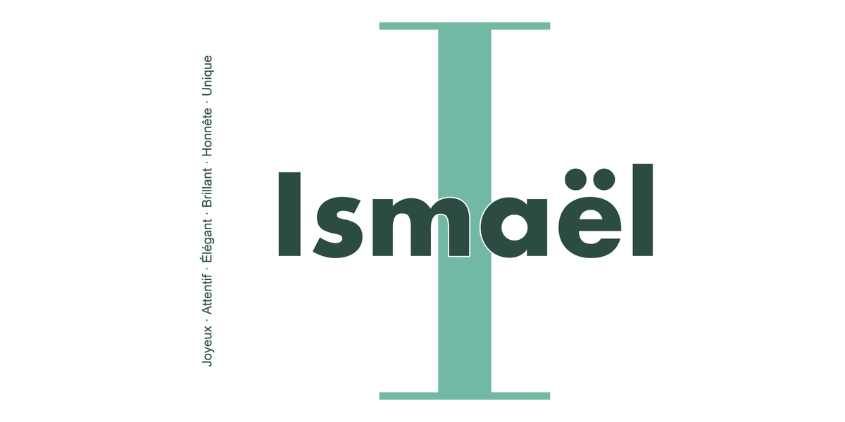 Visuel à plat du mug prénom Ismaël : initiale I pleine hauteur, prénom Ismaël centré et ligne verticale « Joyeux · Attentif · Élégant · Brillant · Honnête · Unique »