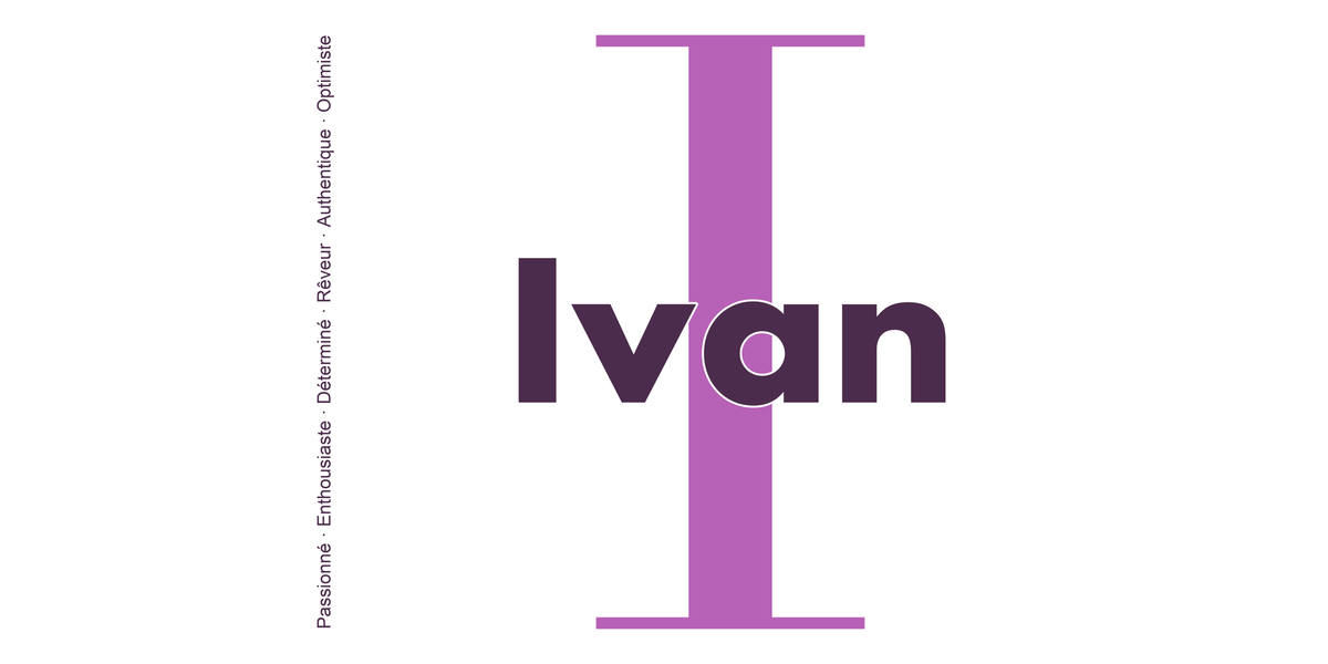 Visuel à plat du mug prénom Ivan : initiale I pleine hauteur, prénom Ivan centré et ligne verticale « Passionné · Enthousiaste · Déterminé · Rêveur · Authentique · Optimiste »
