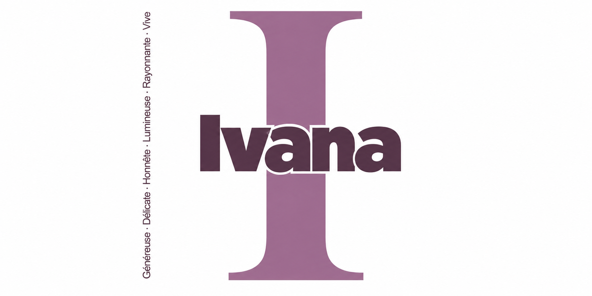 Visuel à plat du mug prénom Ivana : initiale I pleine hauteur, prénom Ivana centré et ligne verticale « Généreuse · Délicate · Honnête · Lumineuse · Rayonnante · Vive »